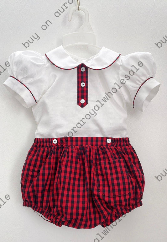 PACK OF 5 SIZES "JACOB" White & Dark Red Check Buster Suit