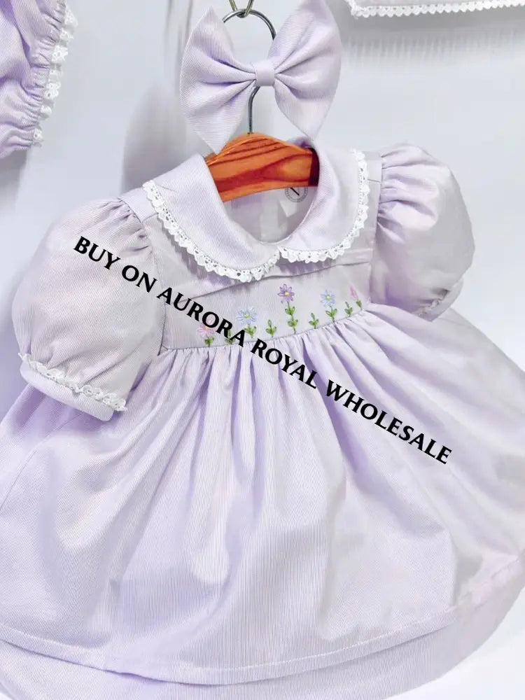 NEW🥰BLOSSOM PALE LILAC💜HAND-EMBROIDERED🧵🪡👑DRESS,KNICKERS,BIB & HEADBAND OUTFIT🎀 BABY/TODDLER DRESS