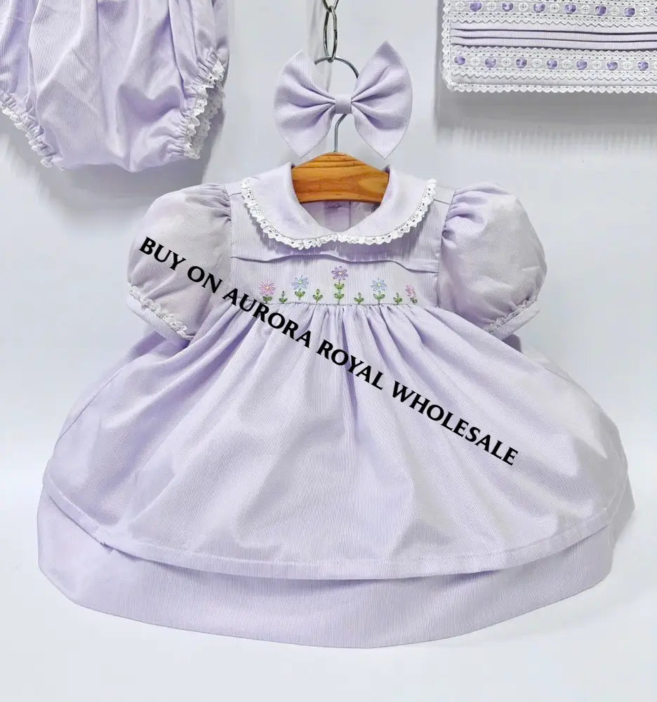 NEW🥰BLOSSOM PALE LILAC💜HAND-EMBROIDERED🧵🪡👑DRESS,KNICKERS,BIB & HEADBAND OUTFIT🎀 BABY/TODDLER DRESS