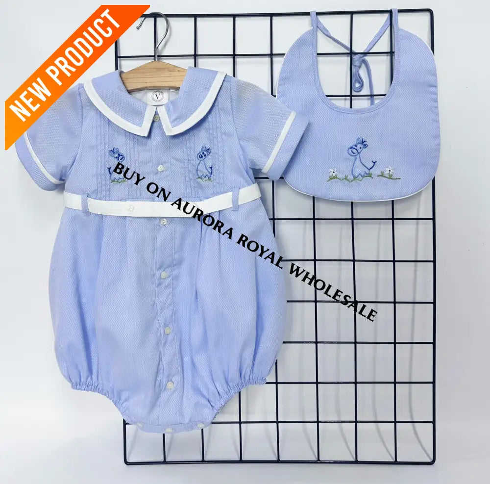 NEW🤩BAMBINO BLUE HAND EMBROIDERED🧵🪡BABY BOYS ROMPER & BIB🦒 BABY/TODDLER OUTFIT