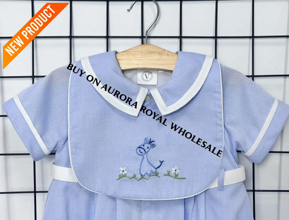 NEW🤩BAMBINO BLUE HAND EMBROIDERED🧵🪡BABY BOYS ROMPER & BIB🦒 BABY/TODDLER OUTFIT