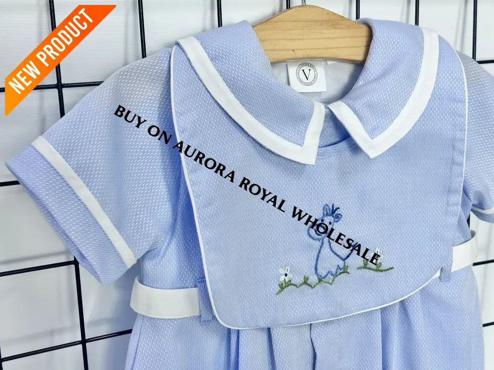 NEW🤩BAMBINO BLUE HAND EMBROIDERED🧵🪡BABY BOYS ROMPER & BIB🦒 BABY/TODDLER OUTFIT