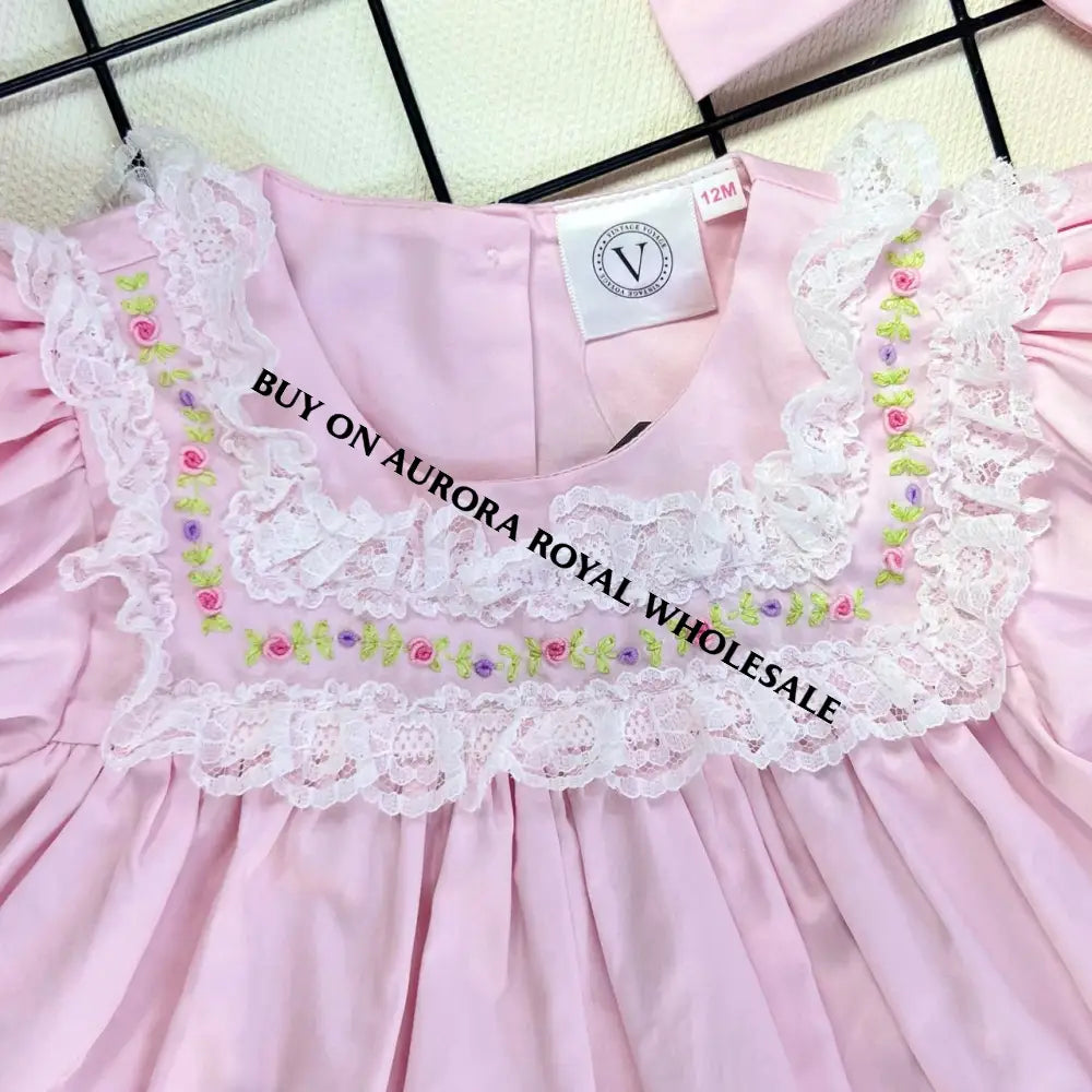 NEW👼DAKOTA PINK BABY HAND-EMBROIDERED DRESS KNICKERS & HAIR BOWS OUTFIT🎀🎀 Baby-Toddler Dresses
