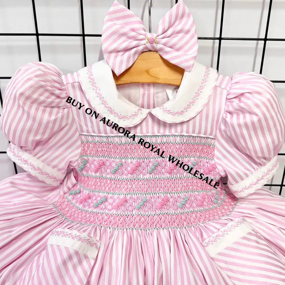 NEW PACK OF 3 SIZES PINK🌷STRIPES DELILAH HAND-SMOCKED🧵🪡DRESS PANTIES (6M-24M) & BOWS OR HEADBAND 🎀🎀 Baby-Toddler Dresses