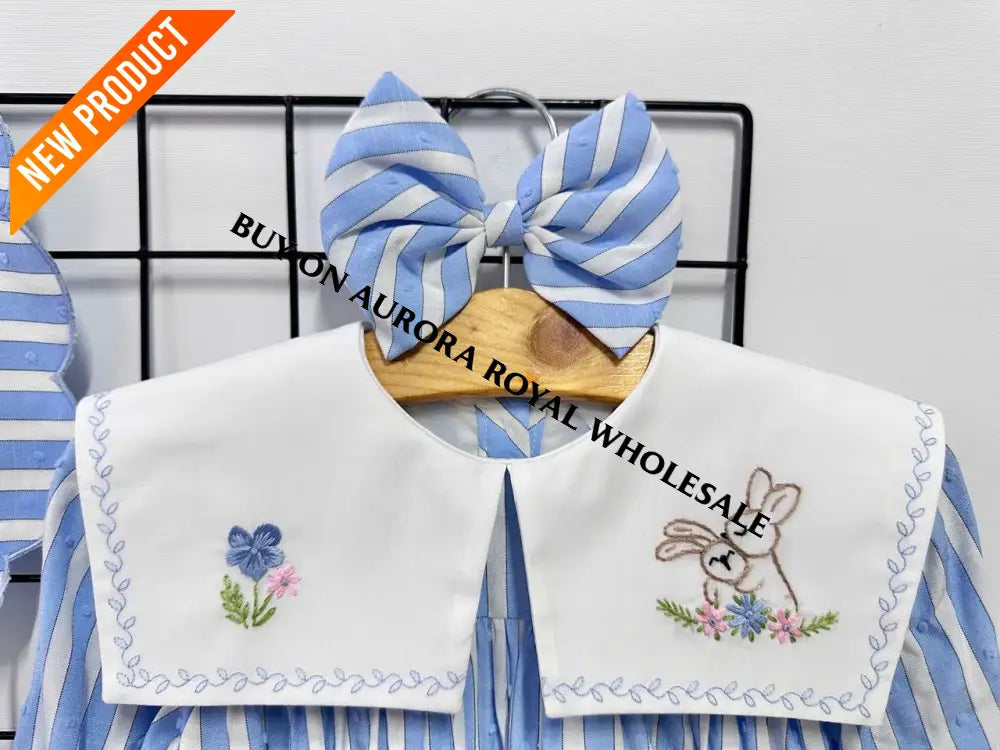 NEW🤩PACK OF 4 SIZES VIVI BLUE🩵STRIPED HAND EMBROIDERED🧵🪡BABY ROMPER BIB & HAIR ACCESSORIES🎀 BABY/TODDLER OUTFIT
