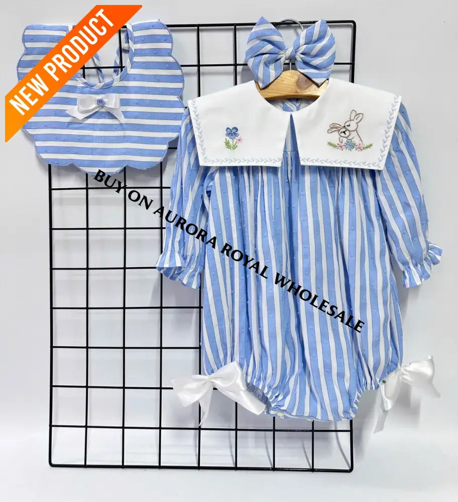 NEW🤩PACK OF 4 SIZES VIVI BLUE🩵STRIPED HAND EMBROIDERED🧵🪡BABY ROMPER BIB & HAIR ACCESSORIES🎀 BABY/TODDLER OUTFIT