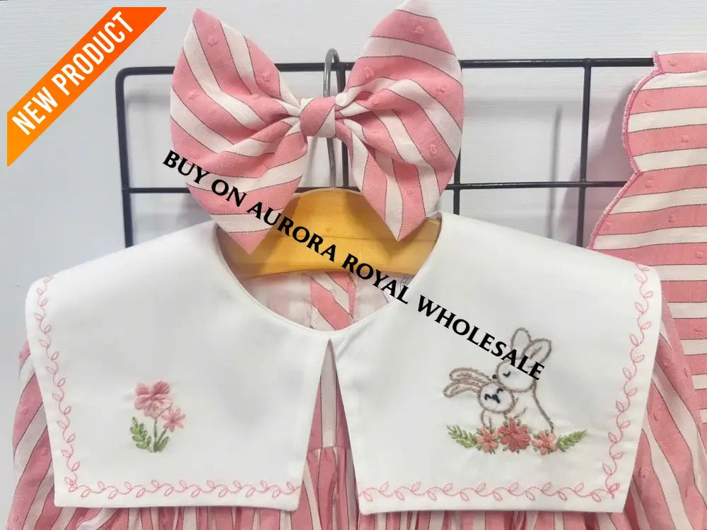 NEW🤩PACK OF 4 SIZES VIVI CORAL🪸STRIPED HAND EMBROIDERED🧵🪡BABY ROMPER BIB & HAIR ACCESSORIES🎀 BABY/TODDLER OUTFIT