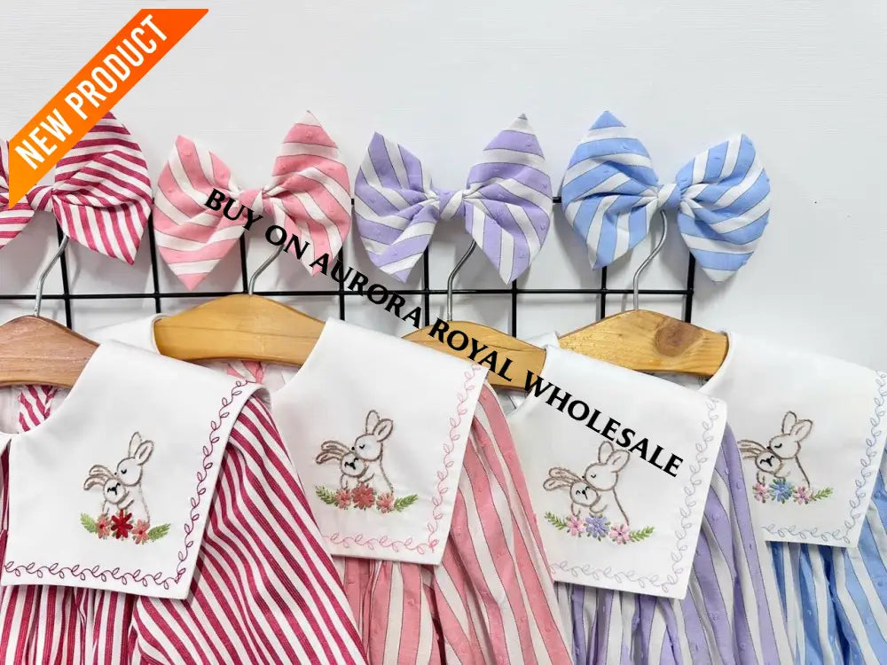 NEW🤩PACK OF 4 SIZES VIVI CORAL🪸STRIPED HAND EMBROIDERED🧵🪡BABY ROMPER BIB & HAIR ACCESSORIES🎀 BABY/TODDLER OUTFIT