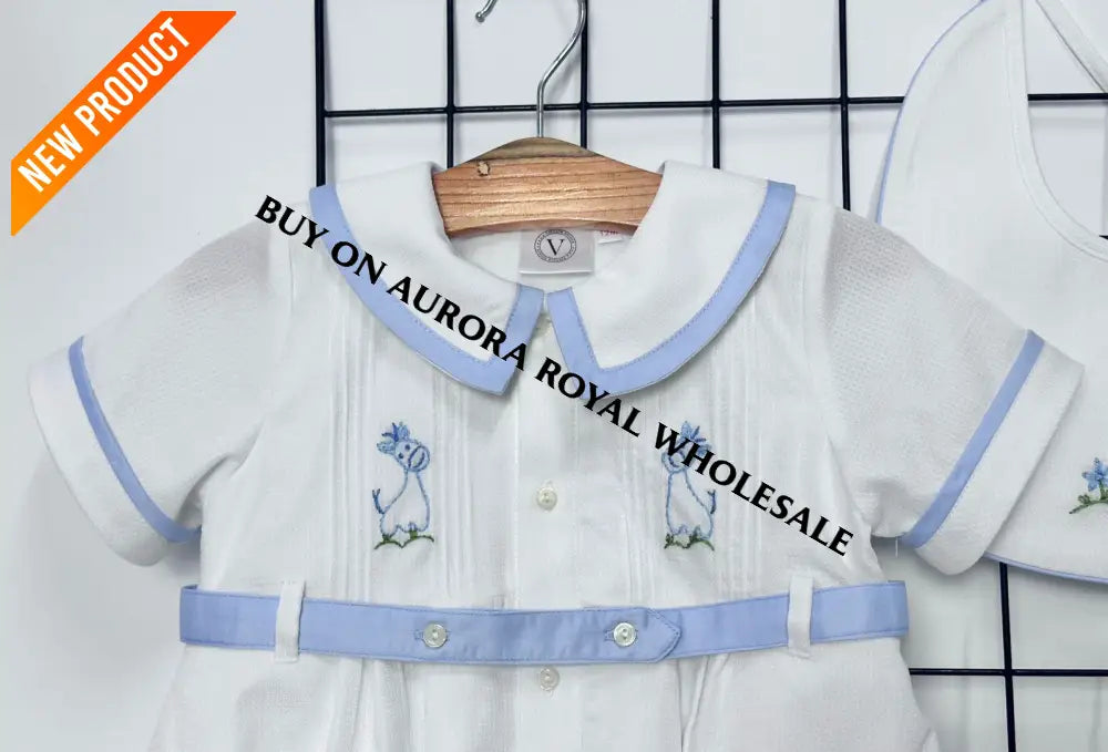 NEW🤩PACK OF 5 SIZES BAMBINO WHITE HAND EMBROIDERED🧵🪡BABY BOYS ROMPER & BIB🦒 BABY/TODDLER OUTFIT