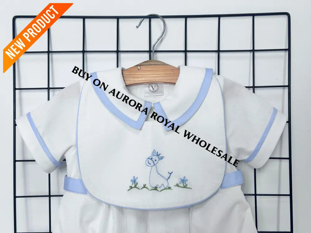 NEW🤩PACK OF 5 SIZES BAMBINO WHITE HAND EMBROIDERED🧵🪡BABY BOYS ROMPER & BIB🦒 BABY/TODDLER OUTFIT