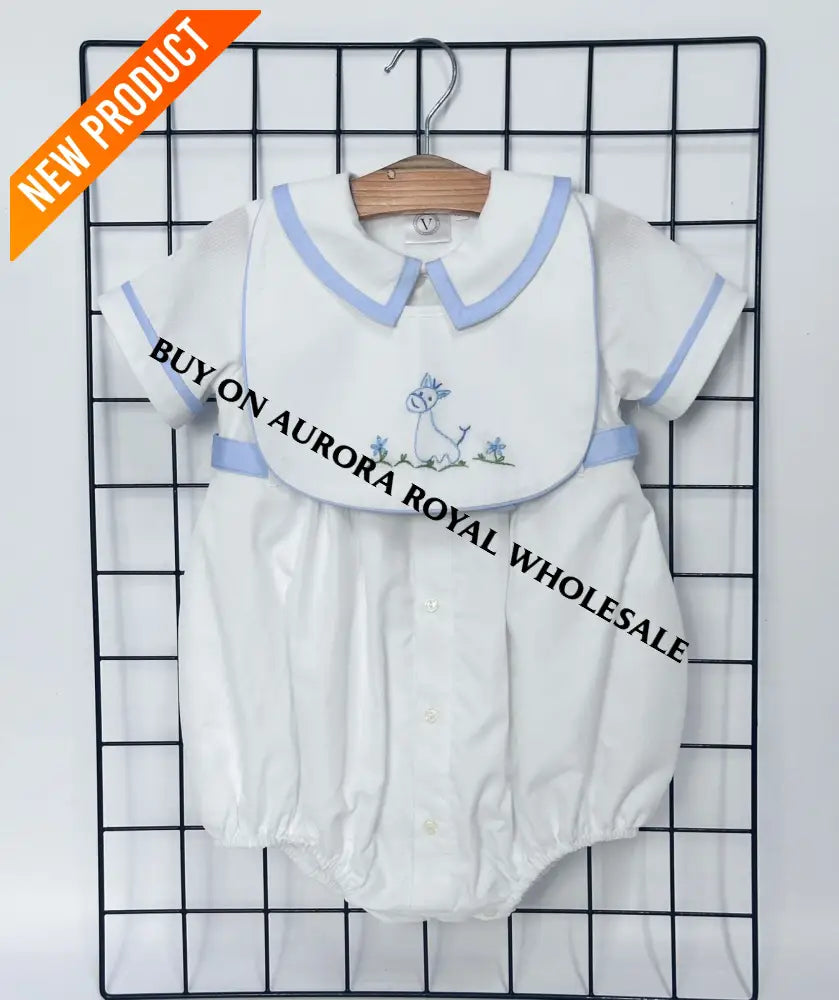 NEW🤩PACK OF 5 SIZES BAMBINO WHITE HAND EMBROIDERED🧵🪡BABY BOYS ROMPER & BIB🦒 BABY/TODDLER OUTFIT