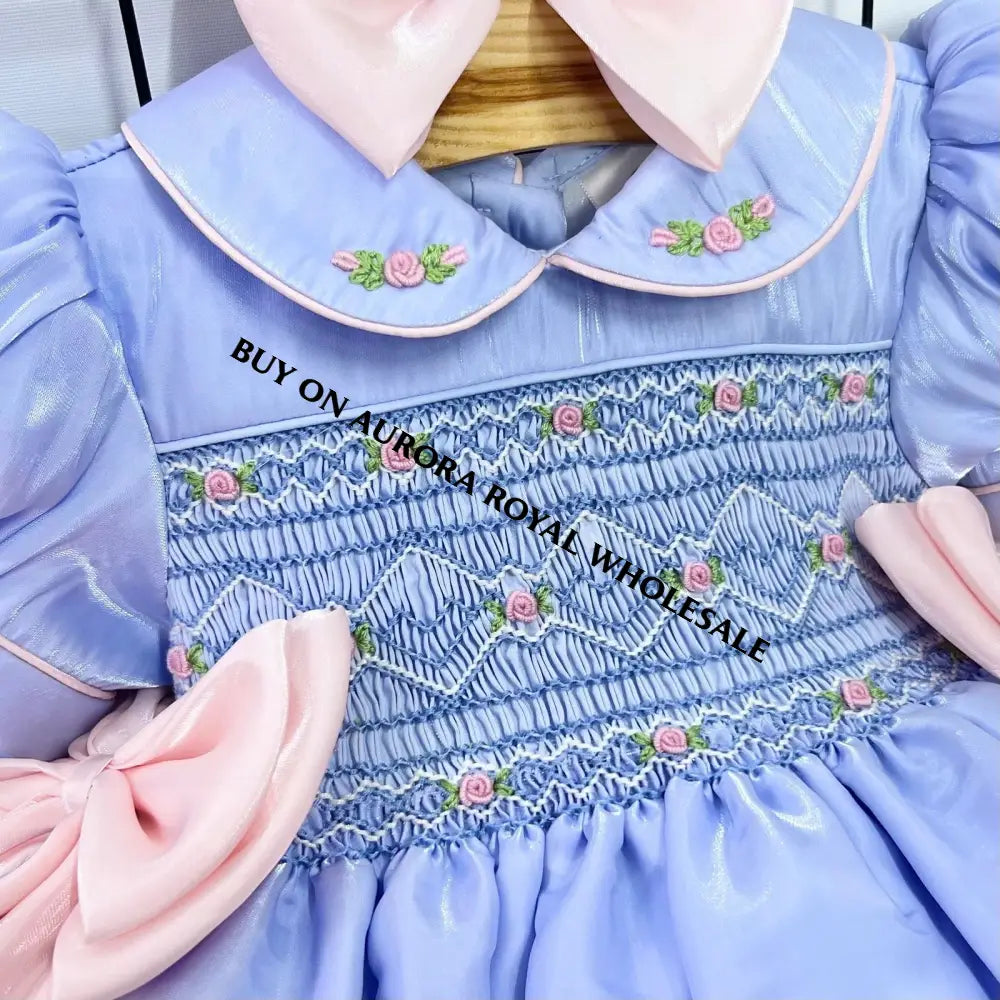 PRE-ORDER PACK OF 5 SIZES BELLE BLUE🩵ORGANZA HAND-SMOCKED🧵🪡DRESS & HAIR BOWS OR HEADBAND Baby-Toddler Dresses