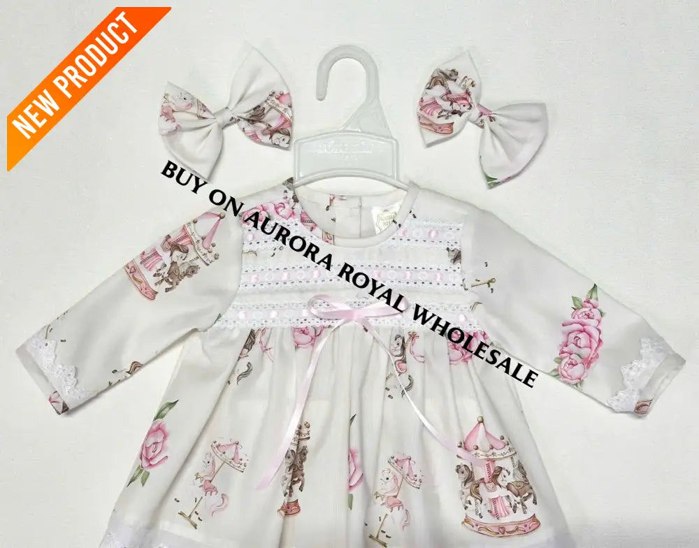 NEW‼️PACK OF 5 SIZES CAROUSEL PINK CUSTOM PRINTED PYJAMA & BOWS SET🎀🎀 BABY/TODDLER OUTFIT