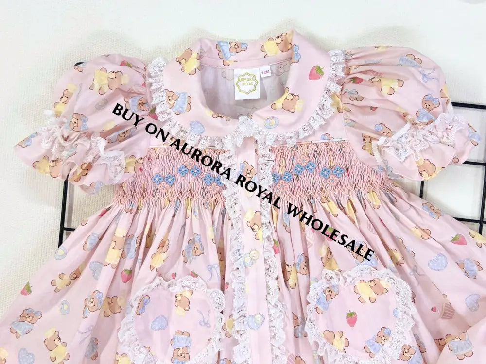 PRE-ORDER💞NEW PACK OF 5 SIZES 🧚🏻♀️Girls BABY TEDDY🧸Hand-Smocked 🧵🪡Cotton Nightie Set & Hair Bows🎀🎀 Baby-Toddler Dresses