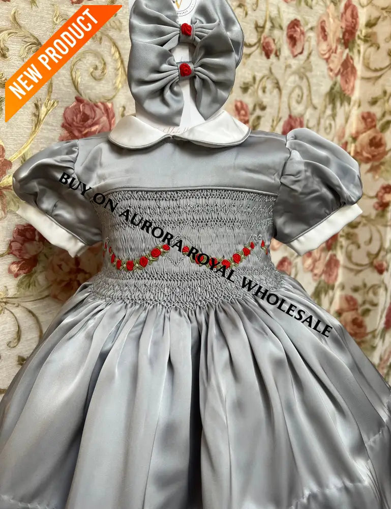 NEW🎄PACK OF 5 SIZES HAZEL SILVER SILK/SATIN🩶FRONT & BACK🧵🪡👑HAND-SMOCKED DRESS PANTIES & HAIR ACCESSORIES🎀 BABY/TODDLER