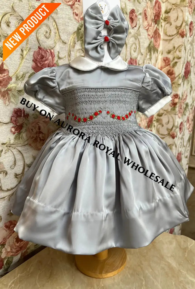NEW🎄PACK OF 5 SIZES HAZEL SILVER SILK/SATIN🩶FRONT & BACK🧵🪡👑HAND-SMOCKED DRESS PANTIES & HAIR ACCESSORIES🎀 BABY/TODDLER