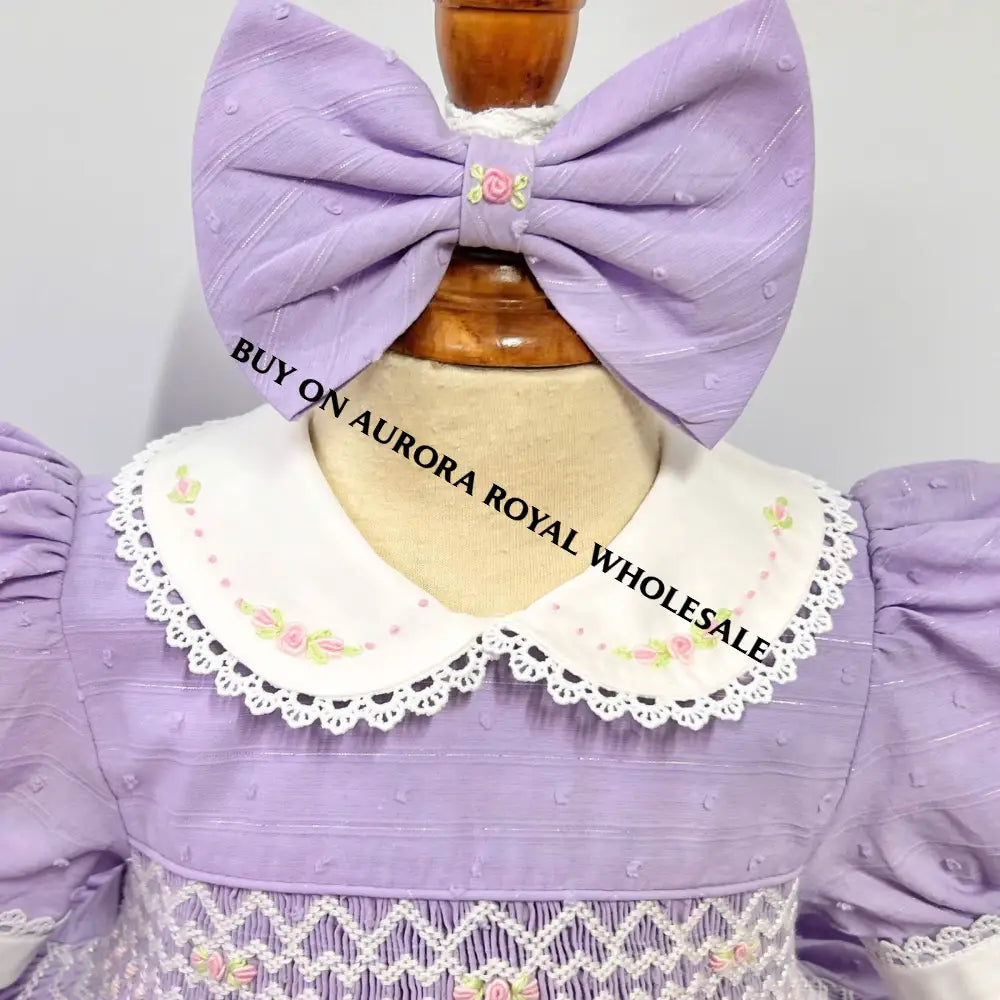 NEW😍PACK OF 4 SIZES MEGAN LILAC💜HAND-SMOCKED🧵🪡PURE COTTON DRESS & BOWS OR HEADBANDS🎀 Baby-Toddler Dresses