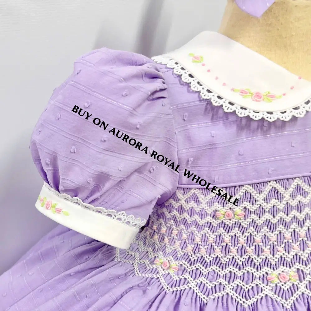 NEW😍PACK OF 4 SIZES MEGAN LILAC💜HAND-SMOCKED🧵🪡PURE COTTON DRESS & BOWS OR HEADBANDS🎀 Baby-Toddler Dresses