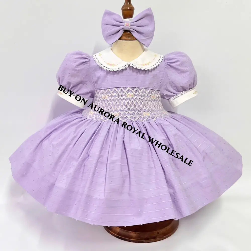 NEW😍PACK OF 4 SIZES MEGAN LILAC💜HAND-SMOCKED🧵🪡PURE COTTON DRESS & BOWS OR HEADBANDS🎀 Baby-Toddler Dresses