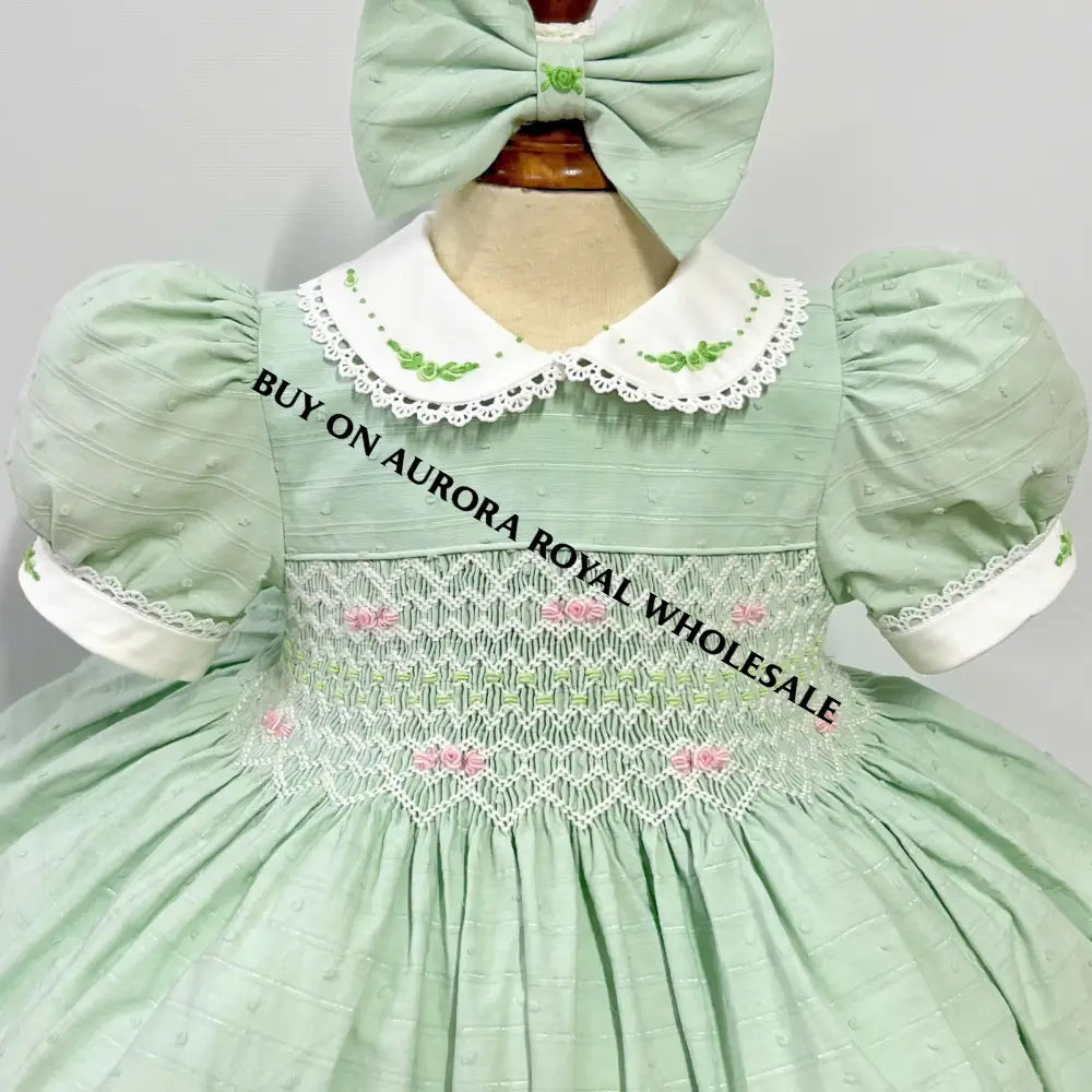 NEW🤩PACK OF 4 SIZES MEGAN MINT🧚🏻♀️HAND-SMOCKED🧵🪡PURE COTTON DRESS & BOWS OR HEADBANDS🎀 Baby-Toddler Dresses