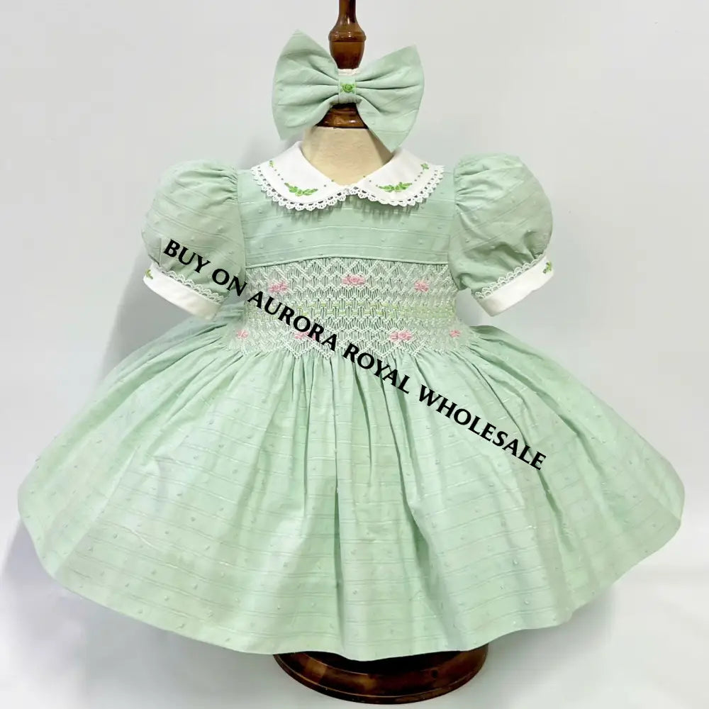 NEW🤩PACK OF 4 SIZES MEGAN MINT🧚🏻♀️HAND-SMOCKED🧵🪡PURE COTTON DRESS & BOWS OR HEADBANDS🎀 Baby-Toddler Dresses