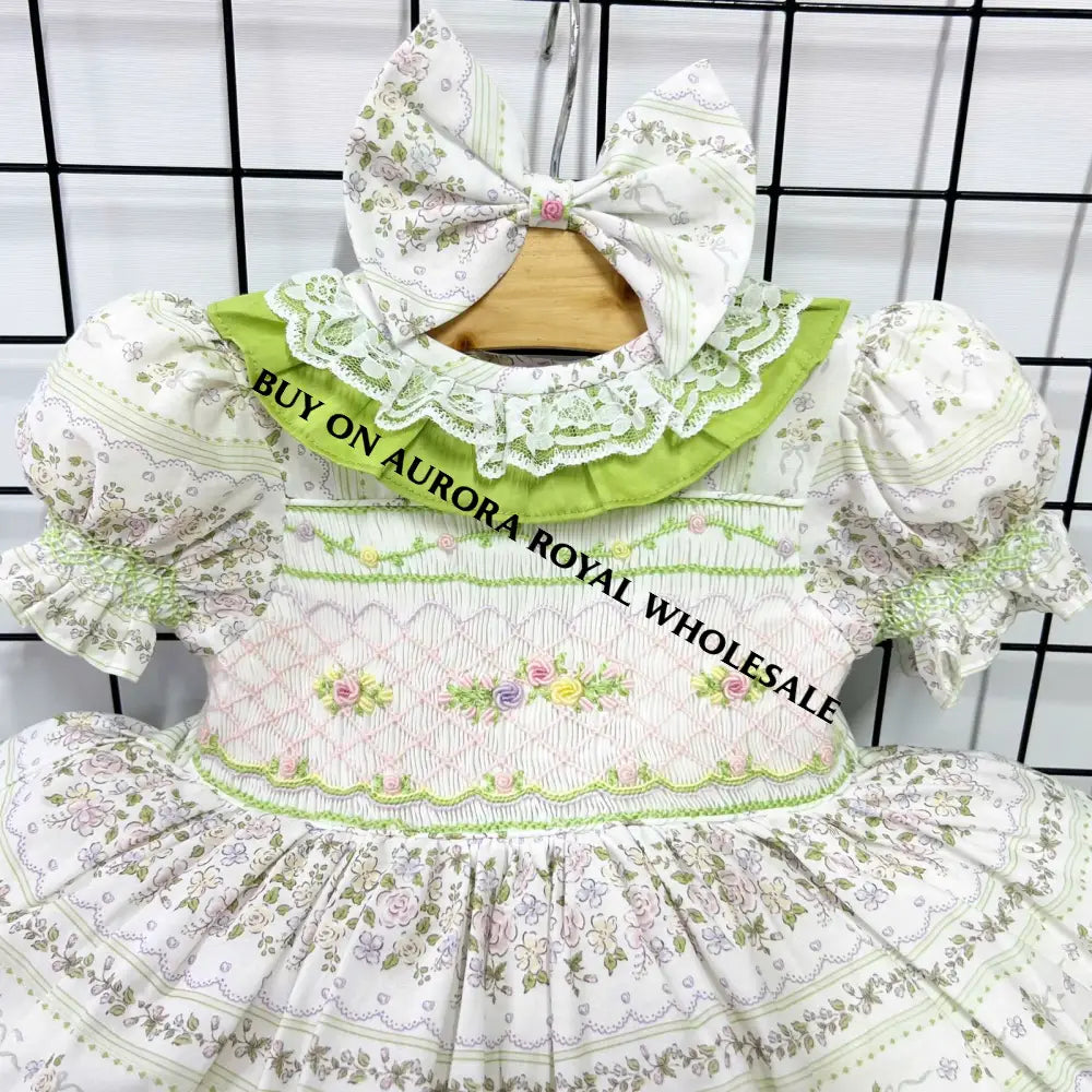 PRE-ORDER🤩NEW PACK OF 5 SIZES MONA☀️👗HAND-SMOCKED🧵🪡FLORAL🧚DRESS & BOWS OR HEADBANDS🎀🎀 Baby-Toddler Dresses