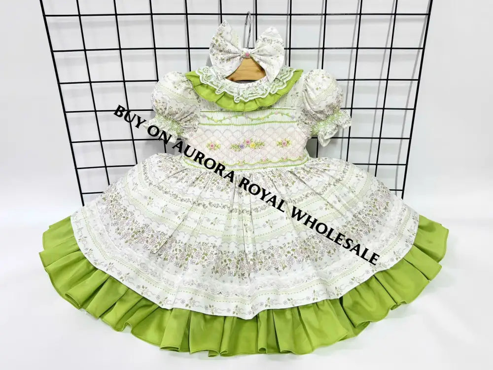 PRE-ORDER🤩NEW PACK OF 5 SIZES MONA☀️👗HAND-SMOCKED🧵🪡FLORAL🧚DRESS & BOWS OR HEADBANDS🎀🎀 Baby-Toddler Dresses