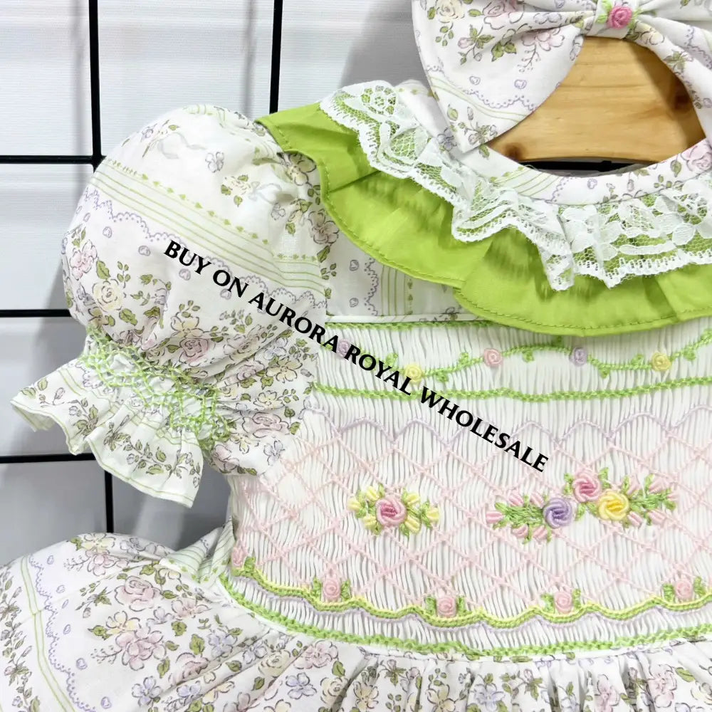 PRE-ORDER🤩NEW PACK OF 5 SIZES MONA☀️👗HAND-SMOCKED🧵🪡FLORAL🧚DRESS & BOWS OR HEADBANDS🎀🎀 Baby-Toddler Dresses