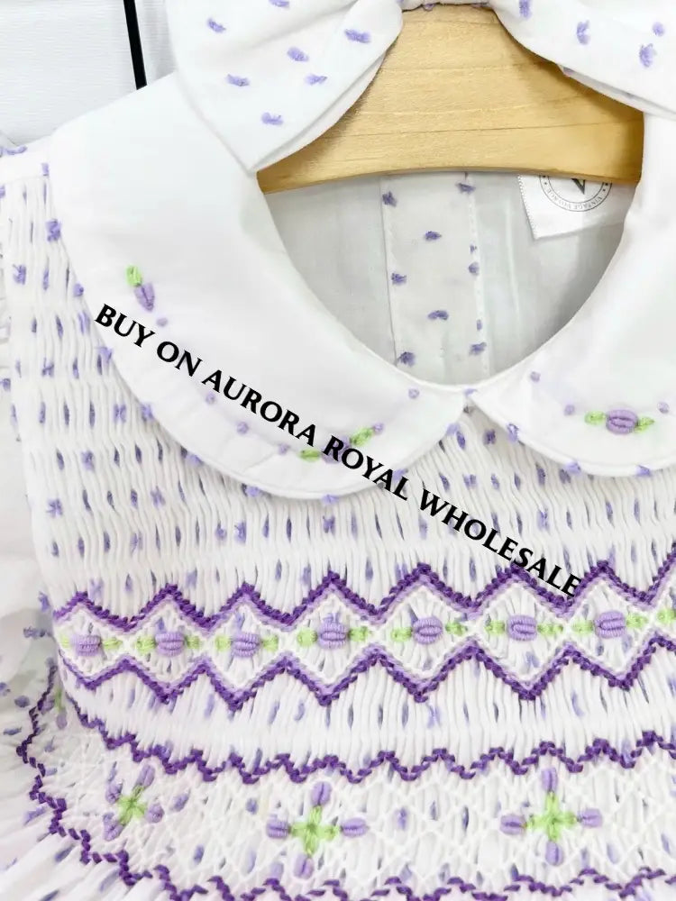 NEW🤩PACK OF 5 SIZES NATALIE LILAC💜SWISS DOTS HAND-SMOCKED🧵🪡DRESS & BOWS OR HEADBAND🎀🎀 Baby-Toddler Dresses