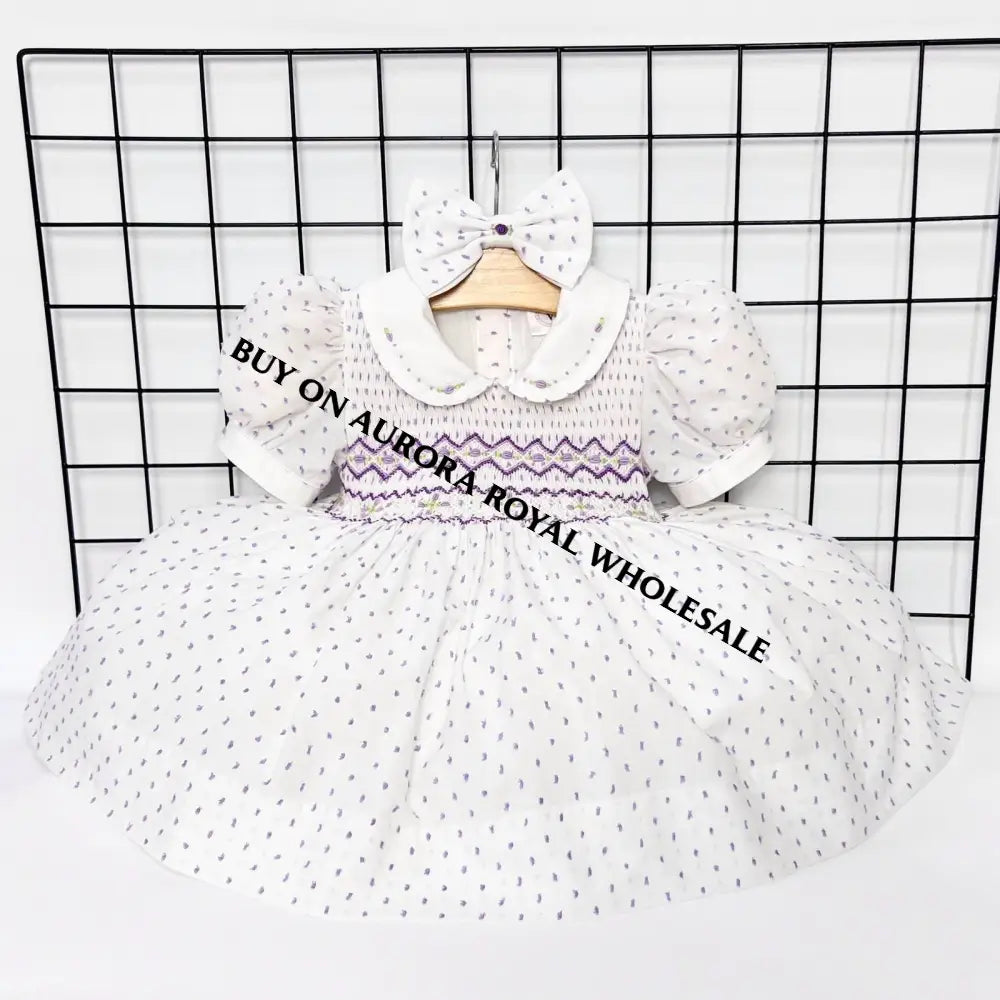 NEW🤩PACK OF 5 SIZES NATALIE LILAC💜SWISS DOTS HAND-SMOCKED🧵🪡DRESS & BOWS OR HEADBAND🎀🎀 Baby-Toddler Dresses