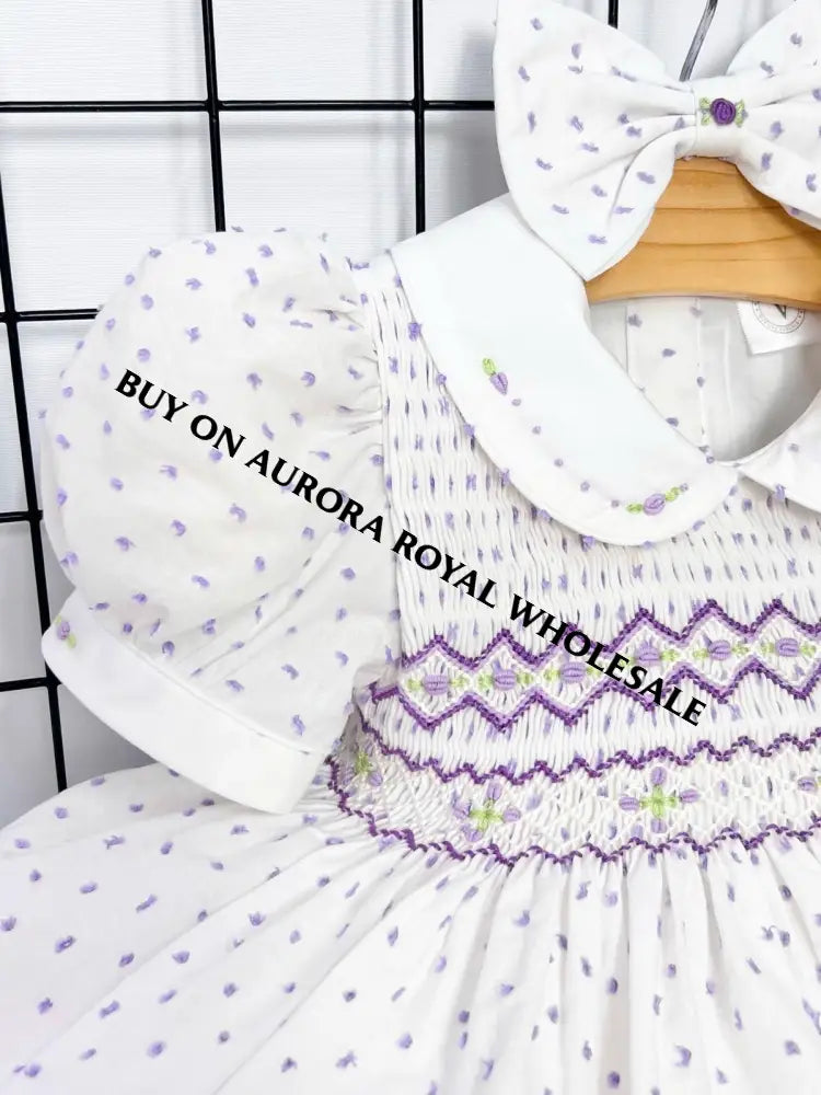 NEW🤩PACK OF 5 SIZES NATALIE LILAC💜SWISS DOTS HAND-SMOCKED🧵🪡DRESS & BOWS OR HEADBAND🎀🎀 Baby-Toddler Dresses