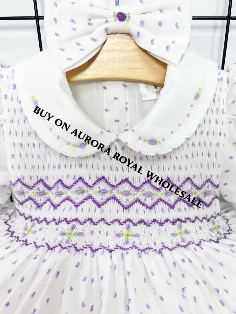 NEW🤩PACK OF 5 SIZES NATALIE LILAC💜SWISS DOTS HAND-SMOCKED🧵🪡DRESS & BOWS OR HEADBAND🎀🎀 Baby-Toddler Dresses