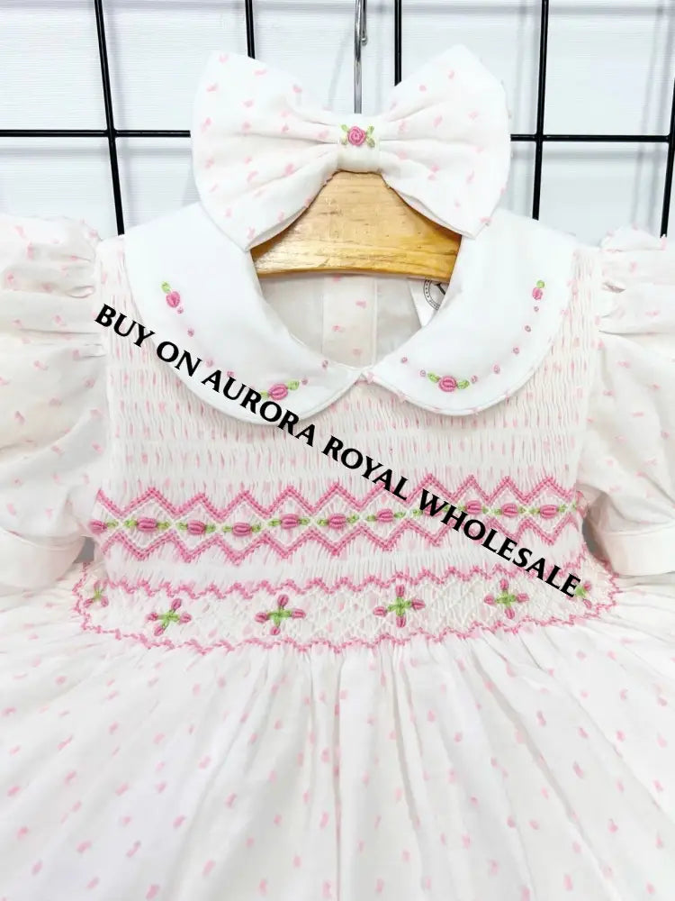 NEW🧚🏻♀️PACK OF 5 SIZES NATALIE PINK💖SWISS DOTS HAND-SMOCKED🧵🪡DRESS & BOWS OR HEADBAND🎀🎀 Baby-Toddler Dresses