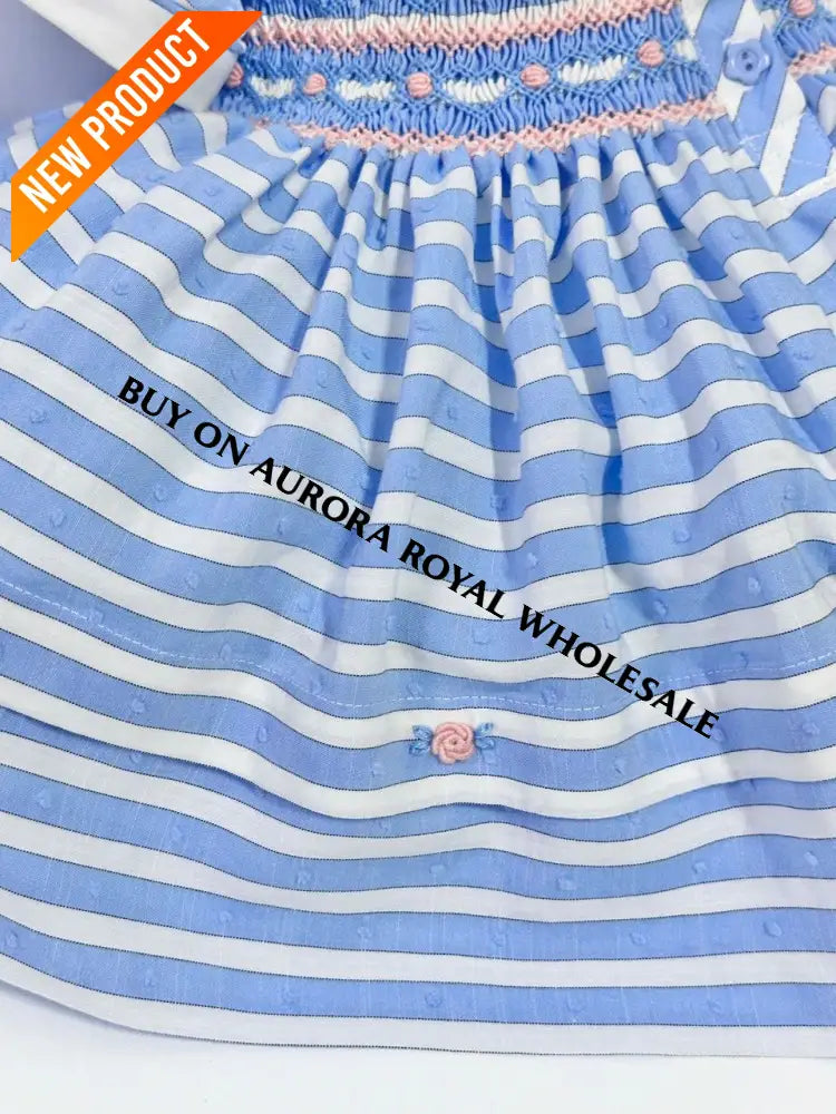 PRE ORDER&GET NEXT WEEK‼️NEW PACK OF 5 SIZES 🤩OLIVIA BLUE STRIPES FRONT & BACK HAND SMOCKED🧵🪡 DRESS & HAIR BOWS🎀