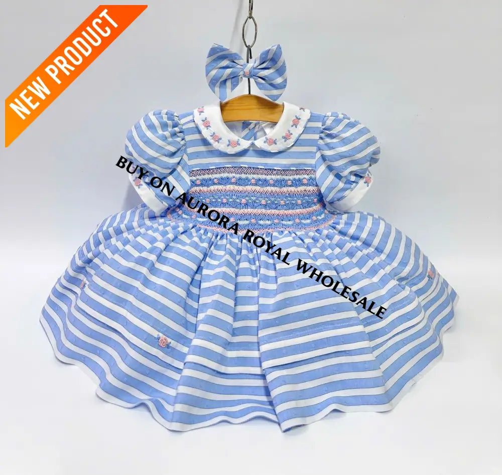 PRE ORDER&GET NEXT WEEK‼️NEW PACK OF 5 SIZES 🤩OLIVIA BLUE STRIPES FRONT & BACK HAND SMOCKED🧵🪡 DRESS & HAIR BOWS🎀