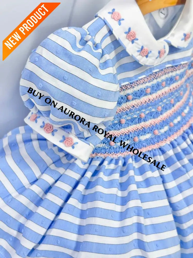 PRE ORDER&GET NEXT WEEK‼️NEW PACK OF 5 SIZES 🤩OLIVIA BLUE STRIPES FRONT & BACK HAND SMOCKED🧵🪡 DRESS & HAIR BOWS🎀