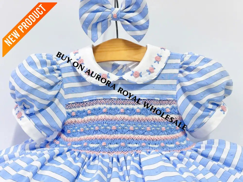PRE ORDER&GET NEXT WEEK‼️NEW PACK OF 5 SIZES 🤩OLIVIA BLUE STRIPES FRONT & BACK HAND SMOCKED🧵🪡 DRESS & HAIR BOWS🎀