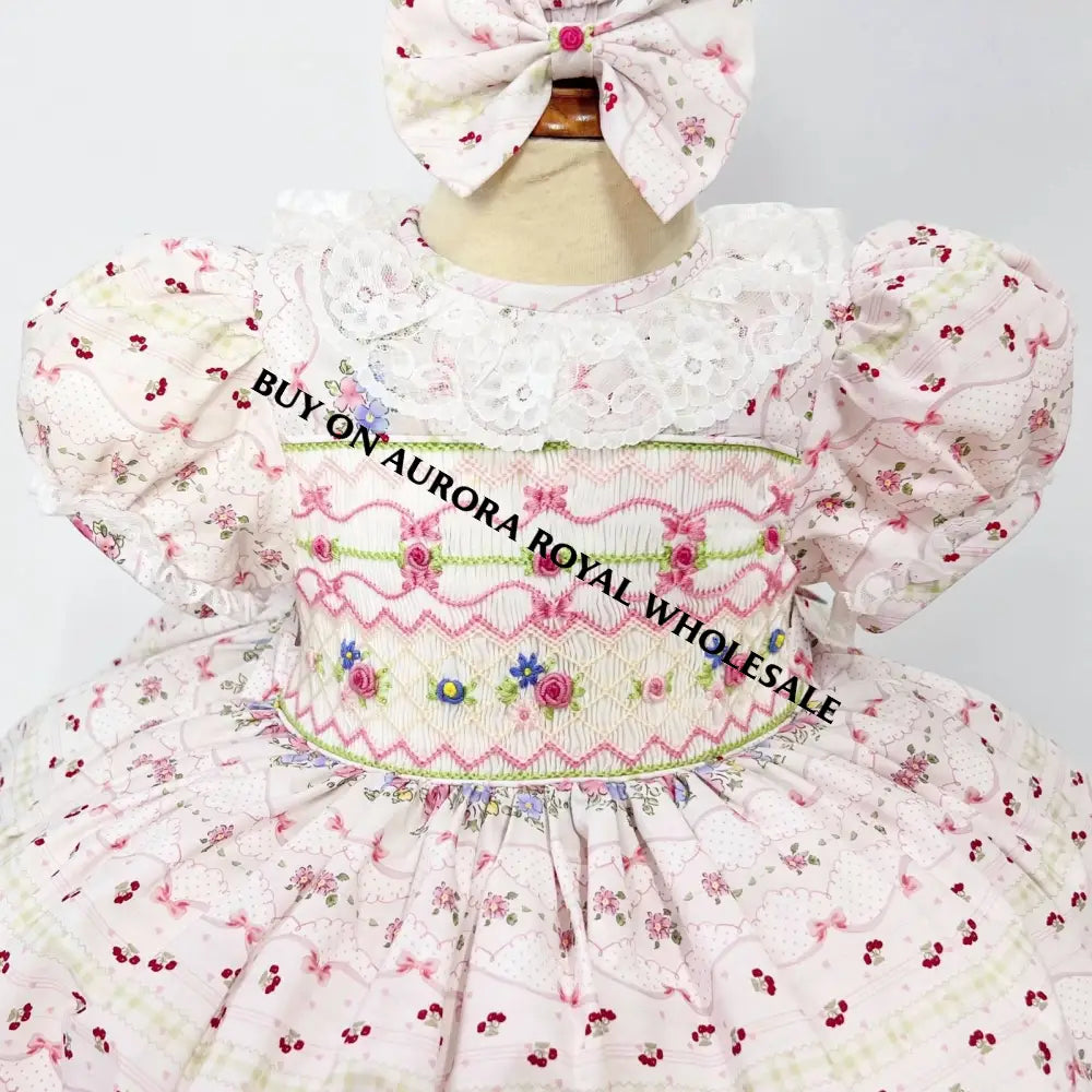 NEW😍PACK OF 5 SIZES SUMMER☀️👗HAND-SMOCKED🧵🪡FLORAL🧚DRESS & BOWS OR HEADBANDS🎀🎀 Baby-Toddler Dresses