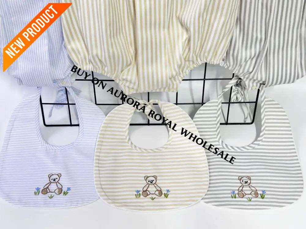 NEW🤩PACK OF 5 SIZES TEDDY BEIGE🍨STRIPED HAND EMBROIDERED🧵🪡BABY BOYS ROMPER & BIB🧸 BABY/TODDLER OUTFIT