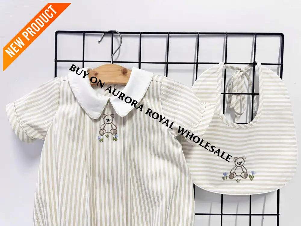 NEW🤩PACK OF 5 SIZES TEDDY BEIGE🍨STRIPED HAND EMBROIDERED🧵🪡BABY BOYS ROMPER & BIB🧸 BABY/TODDLER OUTFIT