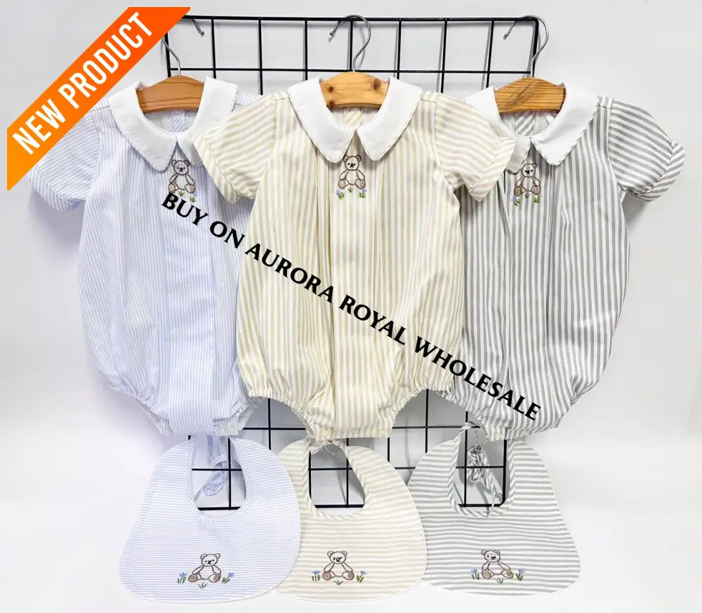 NEW🤩PACK OF 5 SIZES TEDDY BEIGE🍨STRIPED HAND EMBROIDERED🧵🪡BABY BOYS ROMPER & BIB🧸 BABY/TODDLER OUTFIT