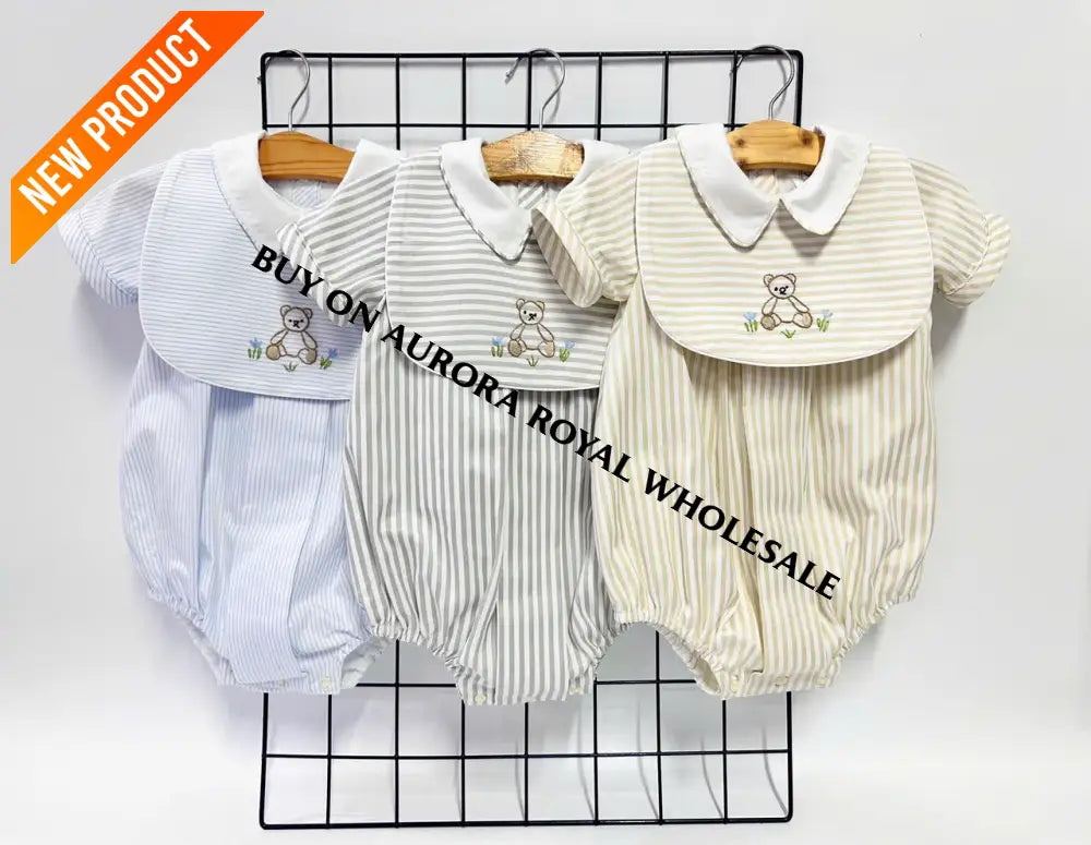 NEW🤩PACK OF 5 SIZES TEDDY BEIGE🍨STRIPED HAND EMBROIDERED🧵🪡BABY BOYS ROMPER & BIB🧸 BABY/TODDLER OUTFIT