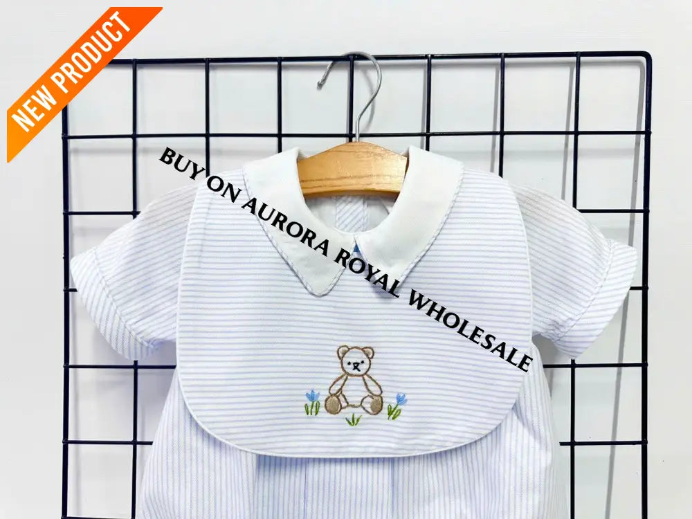 NEW🤩PACK OF 5 SIZES TEDDY BLUE STRIPED HAND EMBROIDERED🧵🪡BABY BOYS ROMPER & BIB🧸 BABY/TODDLER OUTFIT