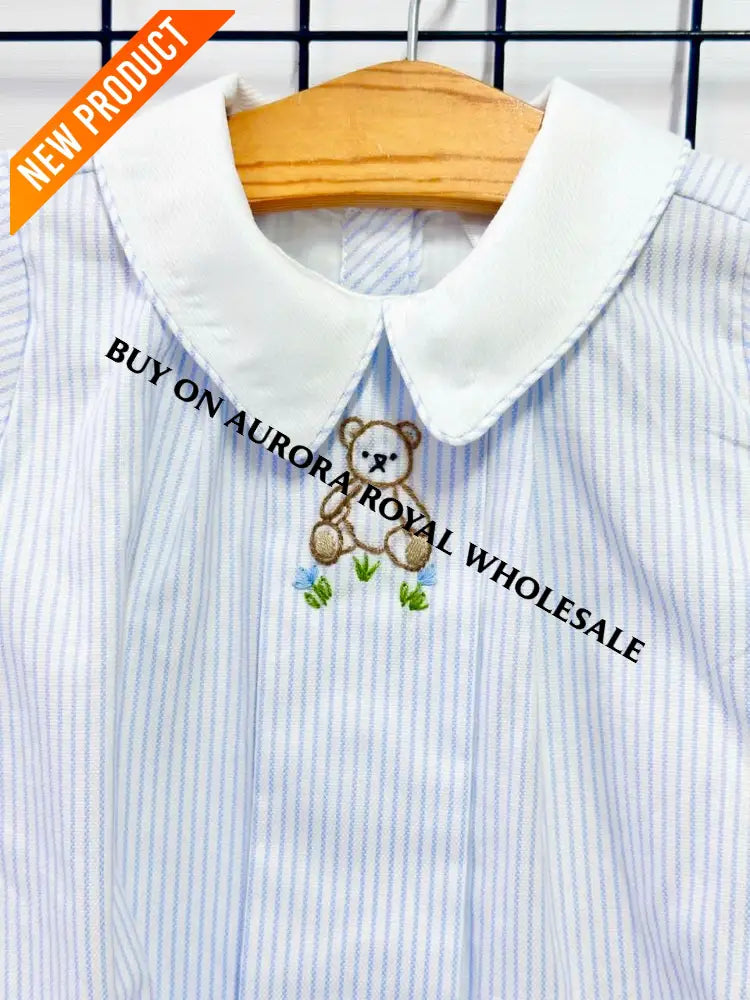 NEW🤩PACK OF 5 SIZES TEDDY BLUE STRIPED HAND EMBROIDERED🧵🪡BABY BOYS ROMPER & BIB🧸 BABY/TODDLER OUTFIT