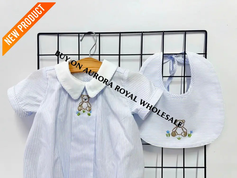 NEW🤩PACK OF 5 SIZES TEDDY BLUE STRIPED HAND EMBROIDERED🧵🪡BABY BOYS ROMPER & BIB🧸 BABY/TODDLER OUTFIT