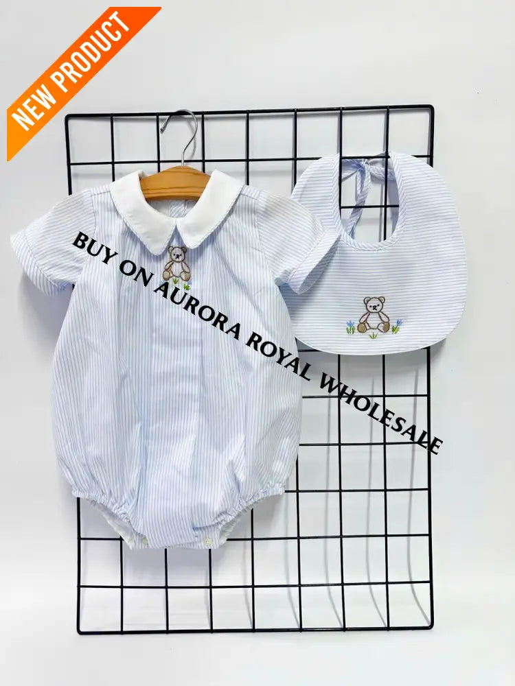 NEW🤩PACK OF 5 SIZES TEDDY BLUE STRIPED HAND EMBROIDERED🧵🪡BABY BOYS ROMPER & BIB🧸 BABY/TODDLER OUTFIT