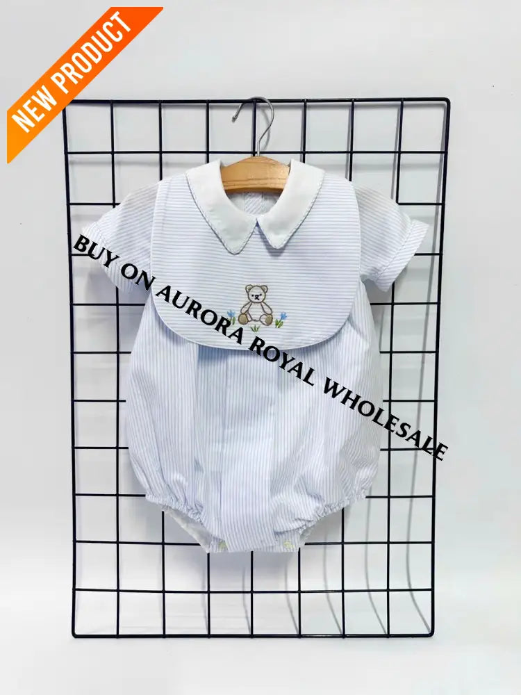 NEW🤩PACK OF 5 SIZES TEDDY BLUE STRIPED HAND EMBROIDERED🧵🪡BABY BOYS ROMPER & BIB🧸 BABY/TODDLER OUTFIT