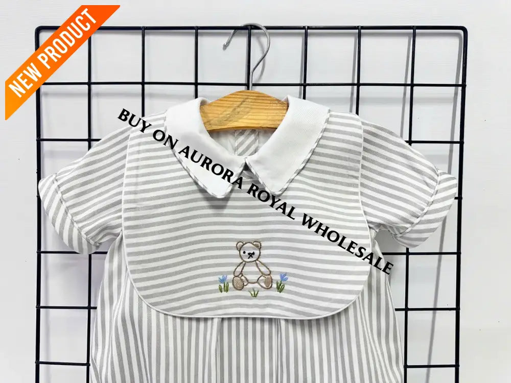 NEW🤩PACK OF 5 SIZES TEDDY SILVER/GREY🩶STRIPED HAND EMBROIDERED🧵🪡BABY BOYS ROMPER & BIB🧸 BABY/TODDLER OUTFIT