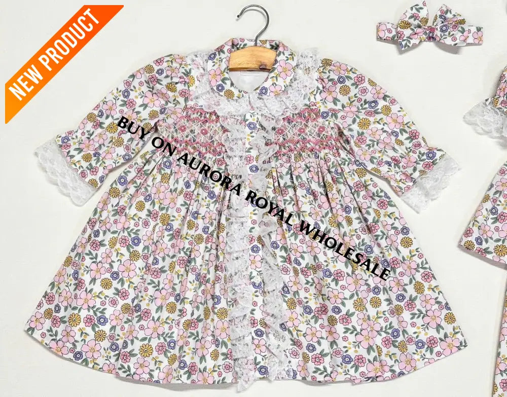 NEW🤩PACK OF 6 SIZES SUNNY PINK FLORAL🌸HAND-SMOCKED🧵🪡PYJAMA GOWN & HAIR BOWS🎀 BABY/TODDLER OUTFIT