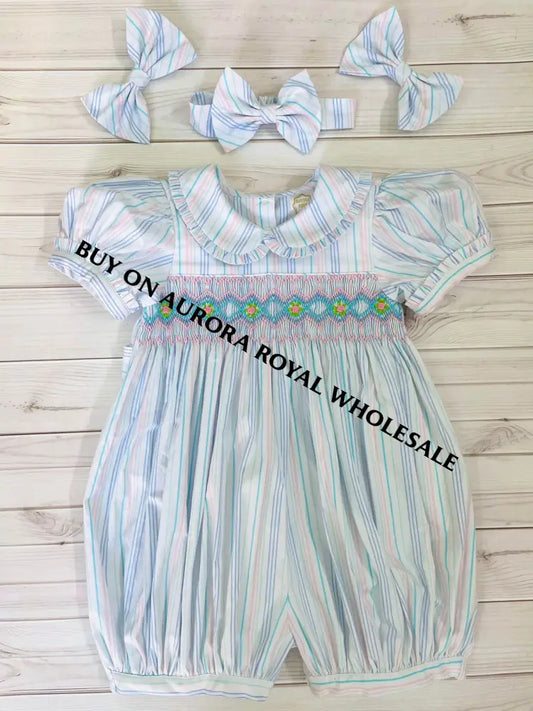 New Season Pack Of 5 Sizes ’Coco’ Pastel Stripes Hand - Smocked Cotton Romper & Hair